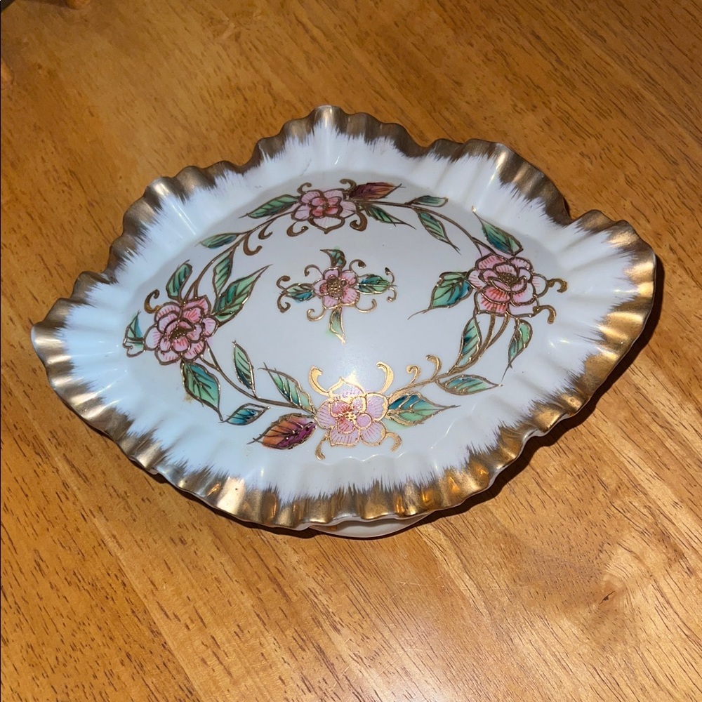VTG Hand Painted Ceramic Dresser Trinket Jewelry Box Gold Ruffled Edge Pink Rose
